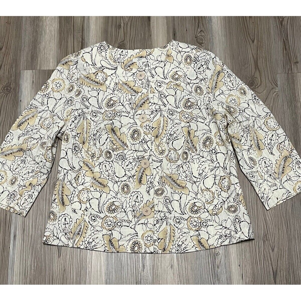 J Jill Womens Size M Linen Blend Floral 3/4 Sleeve Button Front Blazer Pockets